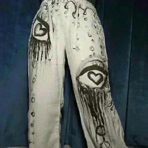 Crazy In Love heart eyes design hand-painted baby blue 100%  linen cargo pants